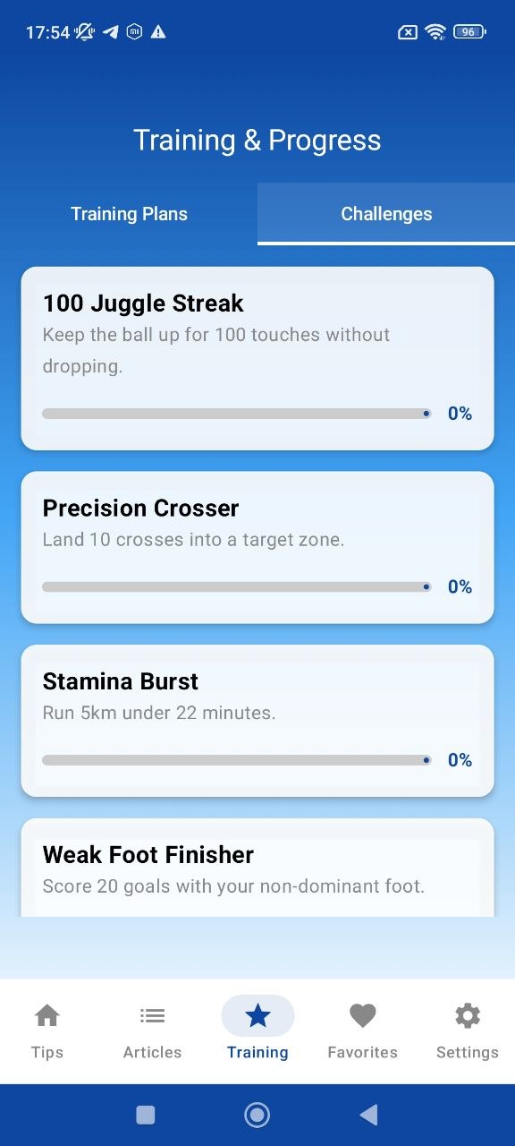 Training plans screen